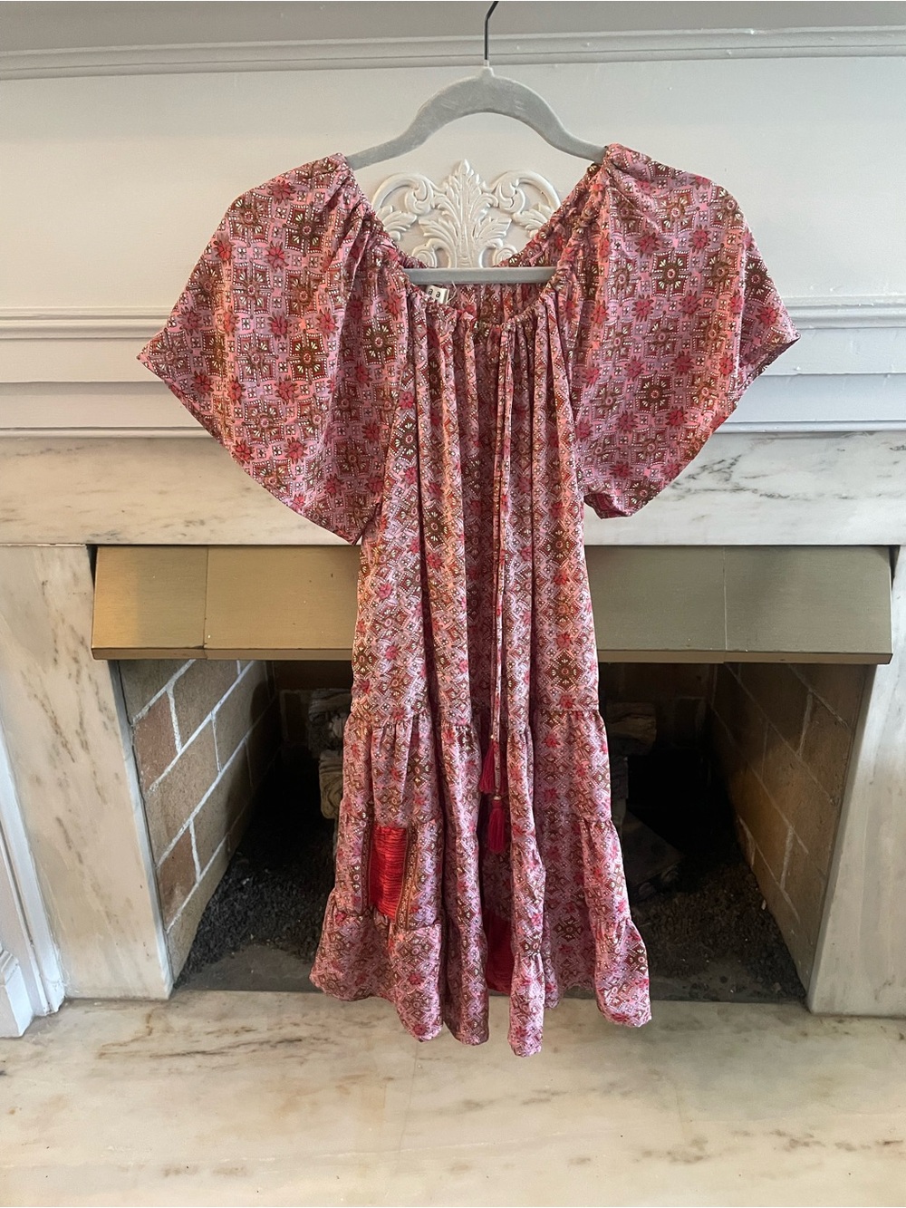 Pink Patterned Mini Dress with Flutter Sleeves